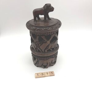 Vintage‎ African Carved Wood Drink Coaster Lion elephant rhino tiger holder